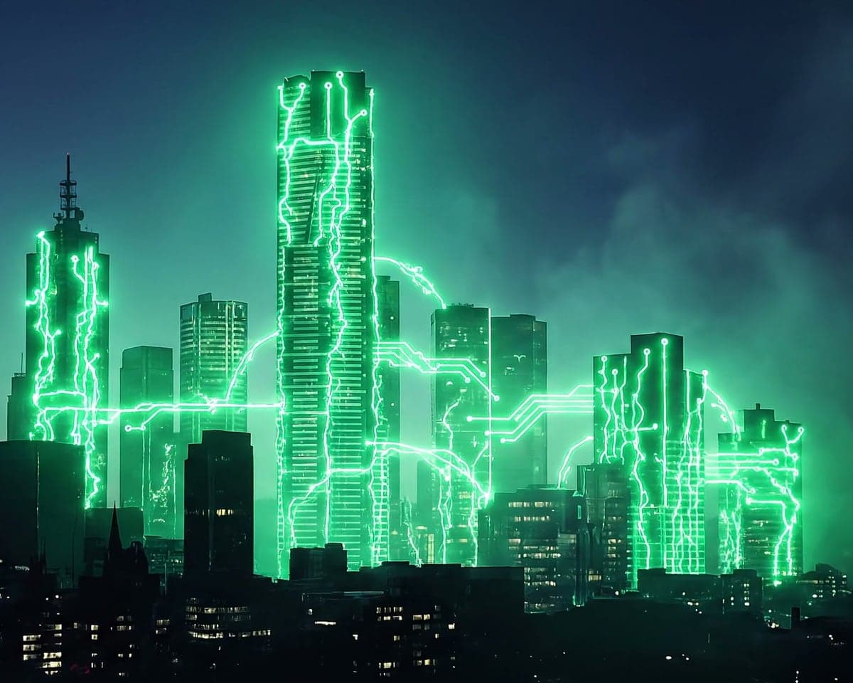 The new Appselec homepage hero: green current running up the towers of the Melbourne skyline at night
