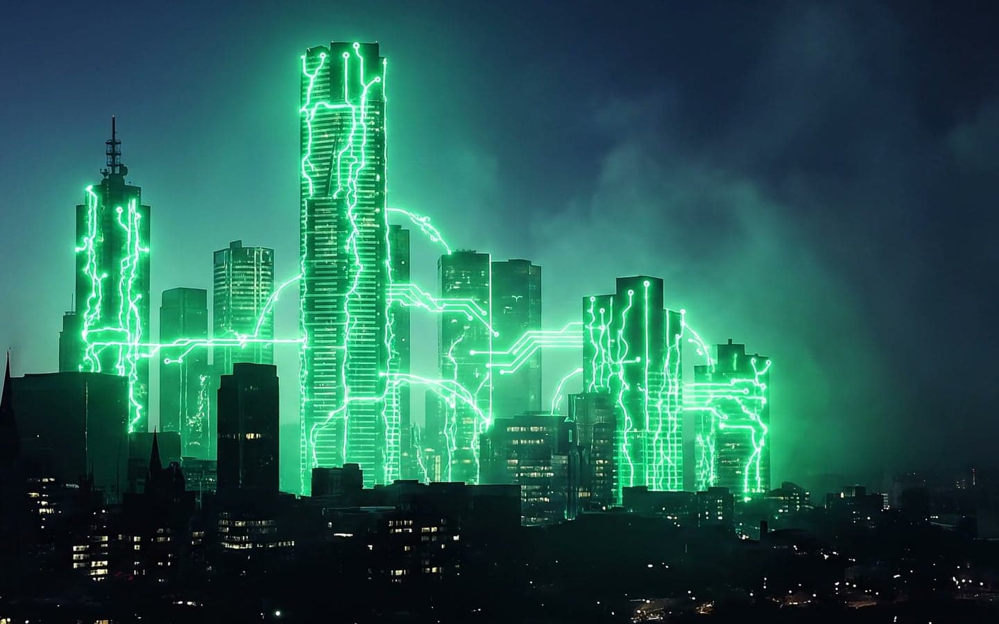 The new Appselec homepage hero: green current running up the towers of the Melbourne skyline at night