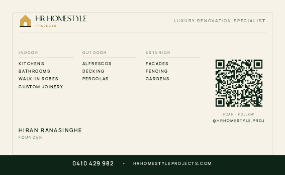 Business card back listing indoor, outdoor and exterior services beside a scan code