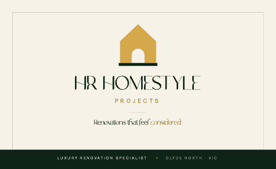 Business card front with the house logo mark, wordmark and tagline on cream
