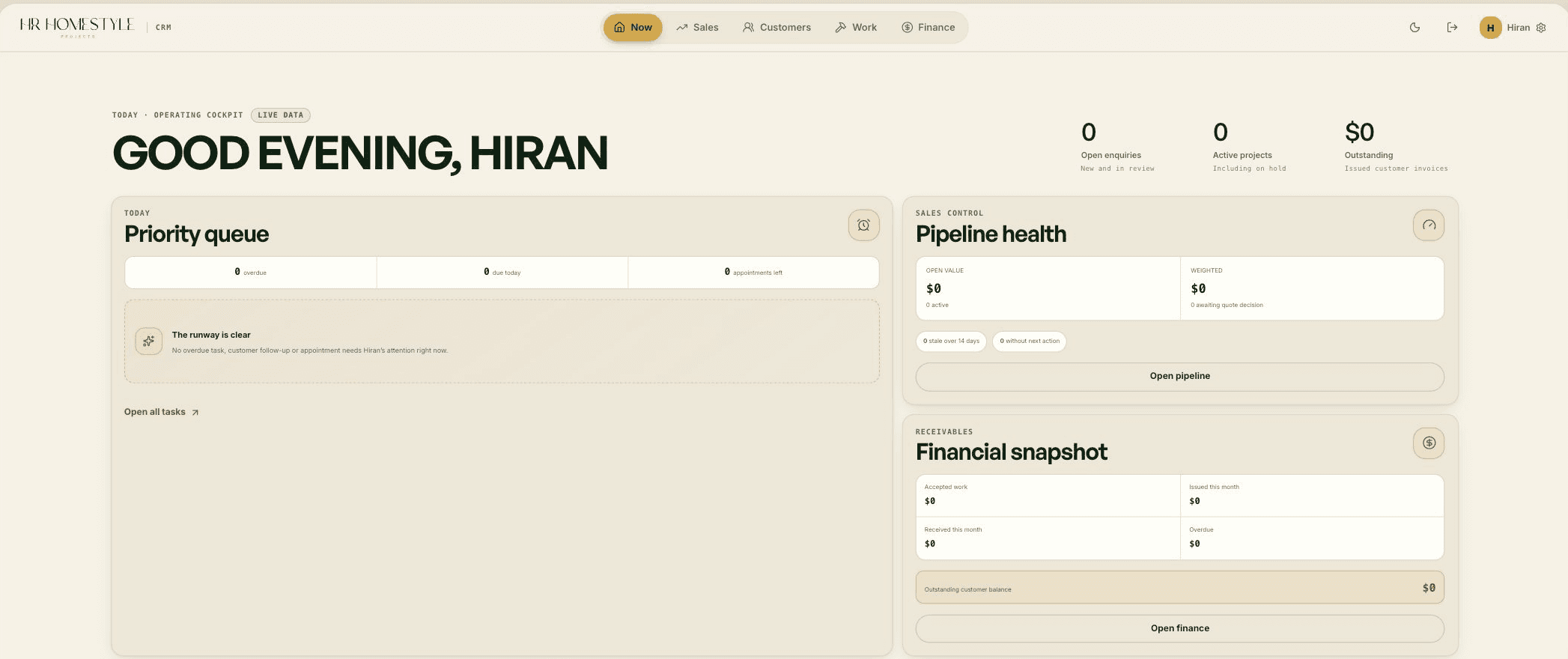 The daily operating view, with a priority queue, pipeline health panel and financial snapshot side by side