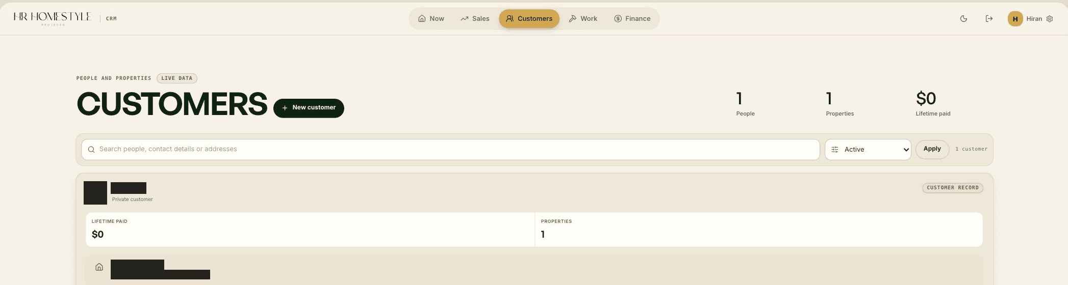 Customer screen with a person linked to a property, identifying details hidden