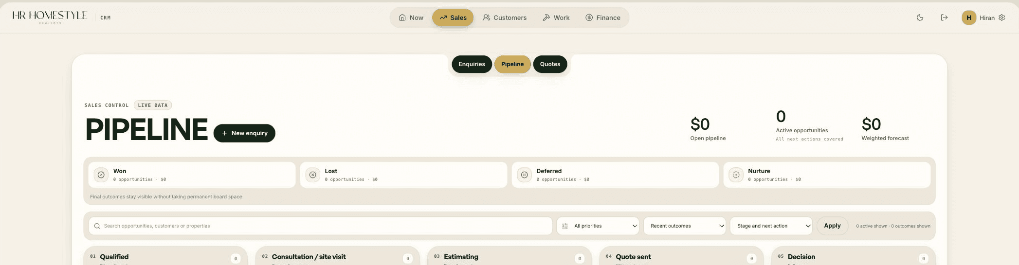 Sales pipeline screen with named stages running from qualified through to decision