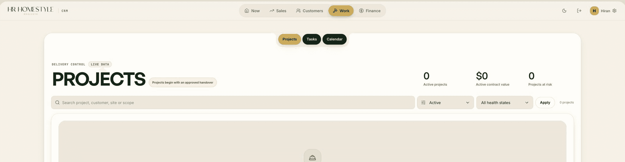 Projects screen showing active projects, contract value and projects at risk