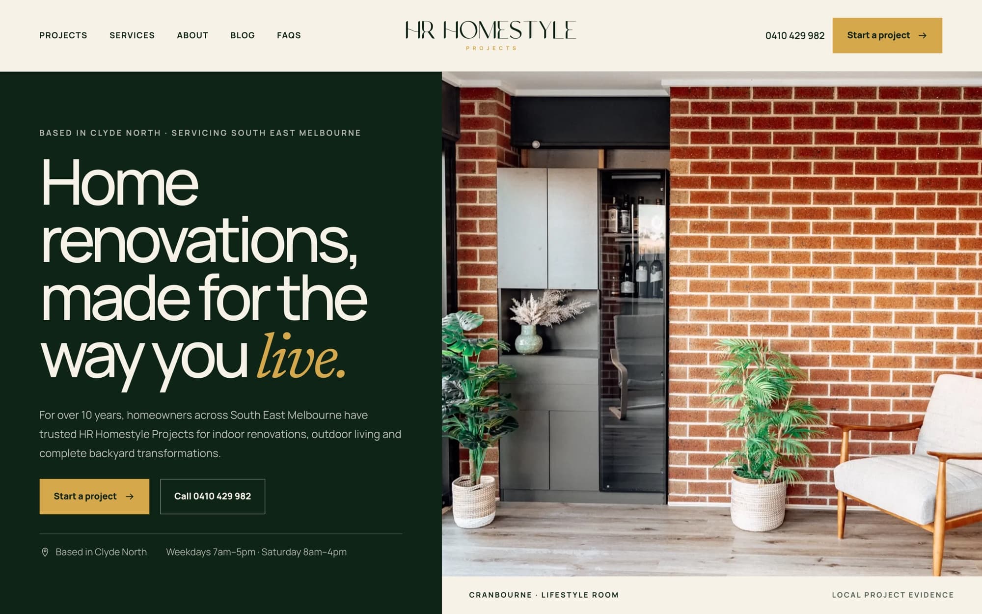 Home page of the live website on desktop, with the headline beside a project photograph