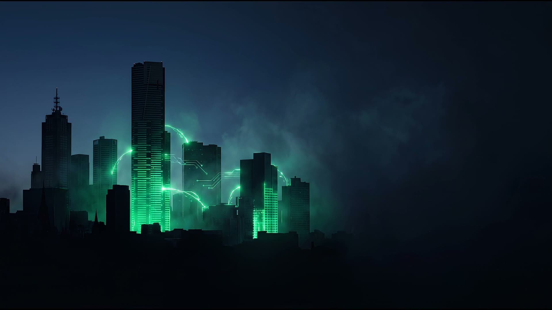 The new Appselec homepage hero: the Melbourne skyline at night with green current arcing between the towers