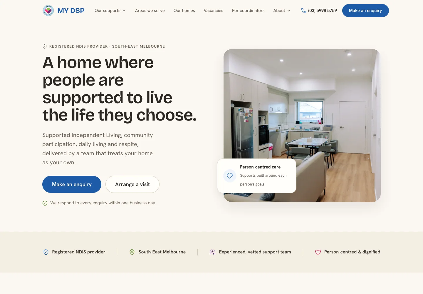 MyDSP homepage introducing its services with a photograph of a home interior
