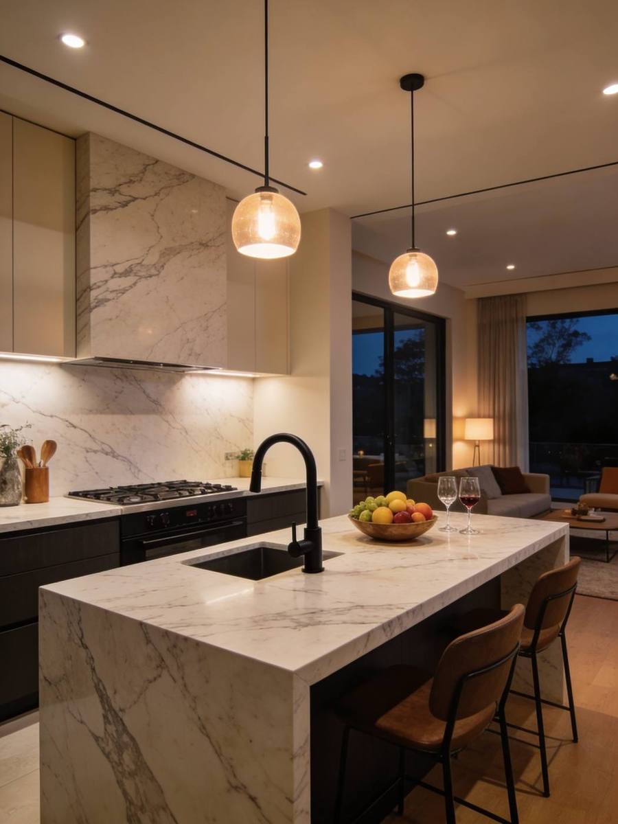 Luxury kitchen interior — marble island, matte black tapware