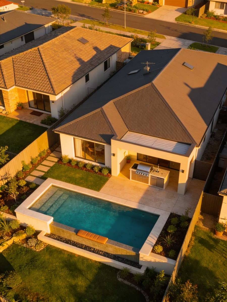 Aerial drone shot — contemporary Australian home at golden hour
