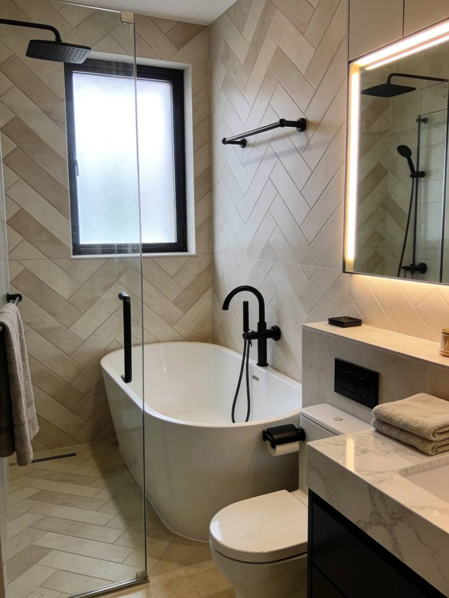 Bathroom renovation reveal — luxury freestanding tub, herringbone tiles