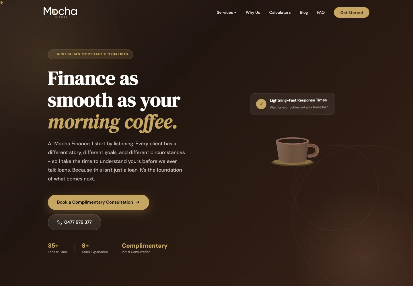 The Mocha Finance website homepage with its coffee-led visual identity