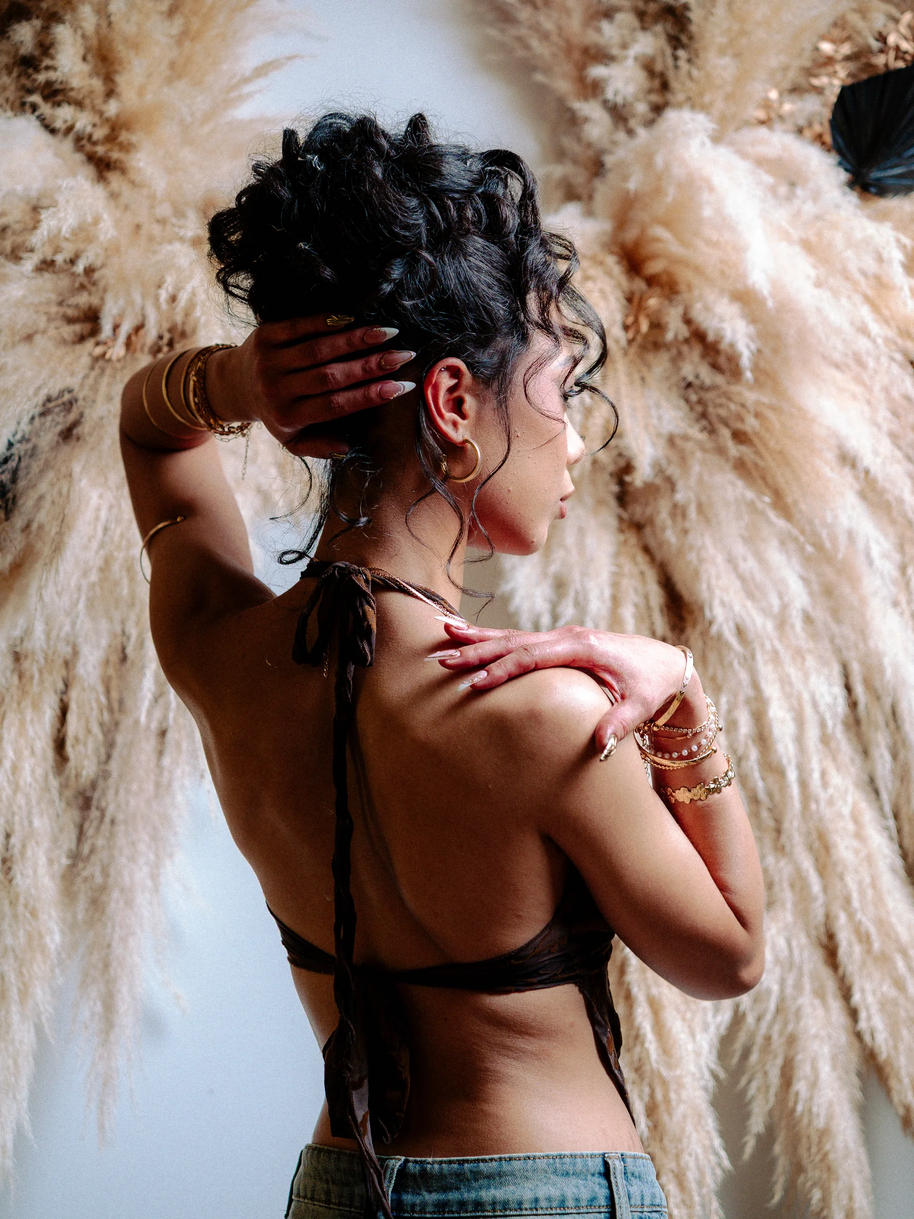 A model showing styled hair during the Twin Beauty photo and film production